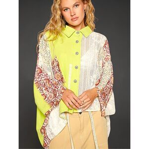 POL Lime Patchwork Crochet Lace Button Down Shirt Boho Oversized Floral Top Med